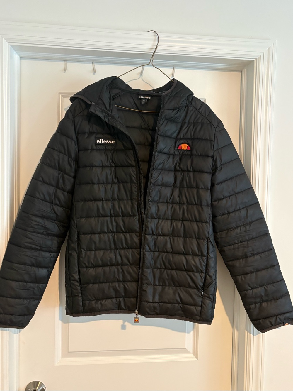 ellesse Black Quilted Hooded Puffer Jacket with Orange Logo